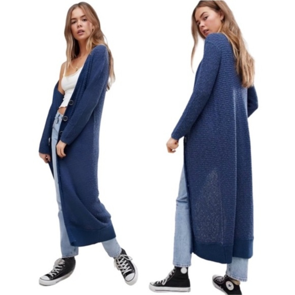 Free People Clearwater Boho Long Maxi Knit Duster Cardigan Deep Dark Navy Blue S